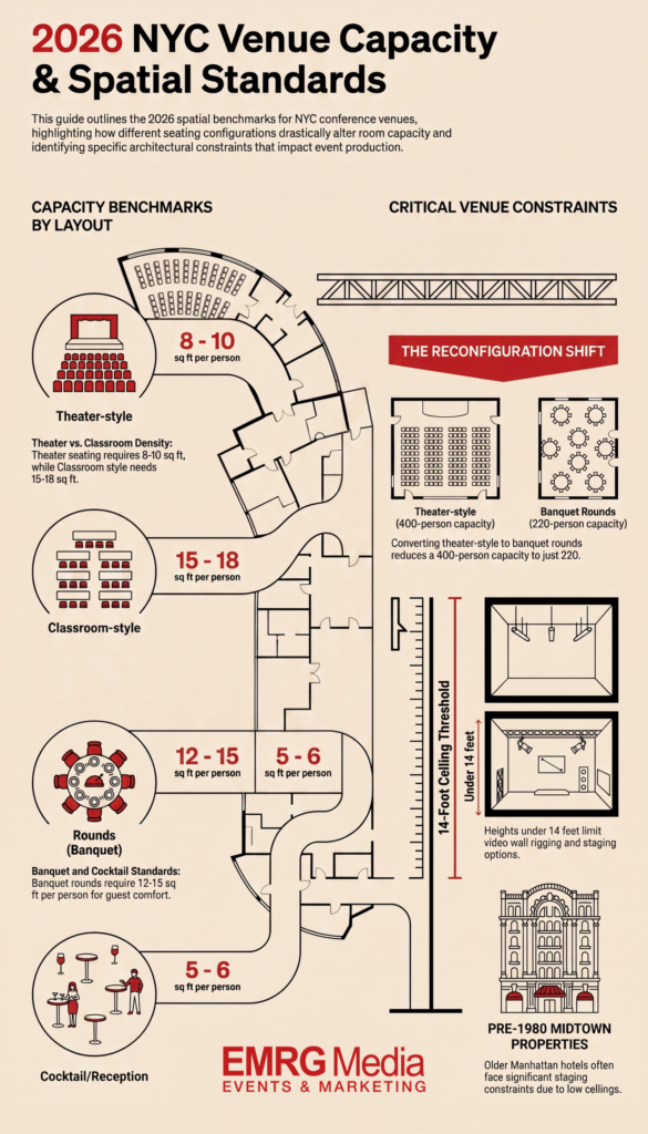 Infographic detailing capacity and spatial standards for executive conference venues nyc