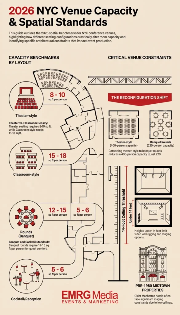 Infographic detailing capacity and spatial standards for executive conference venues nyc