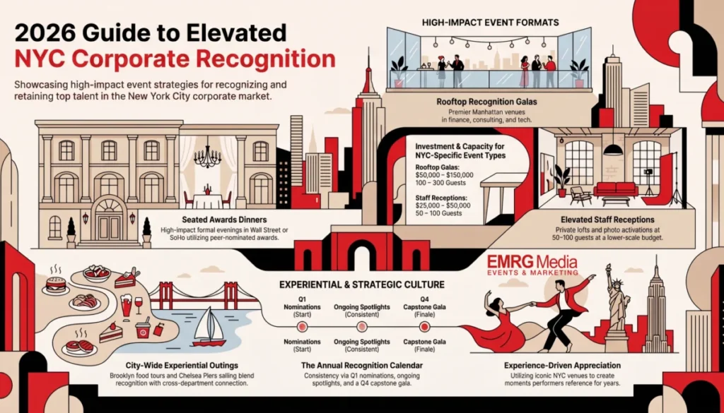 Infographic of NYC corporate recognition strategies and employee appreciation event ideas for teams