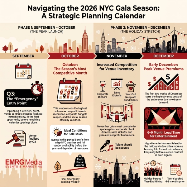 Strategic Q4 timeline and venue booking infographic for the nyc gala season 2026