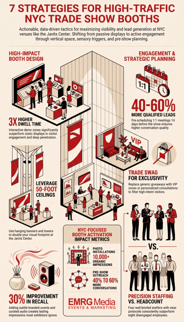Infographic showing 7 trade show booth ideas for high-traffic NYC events