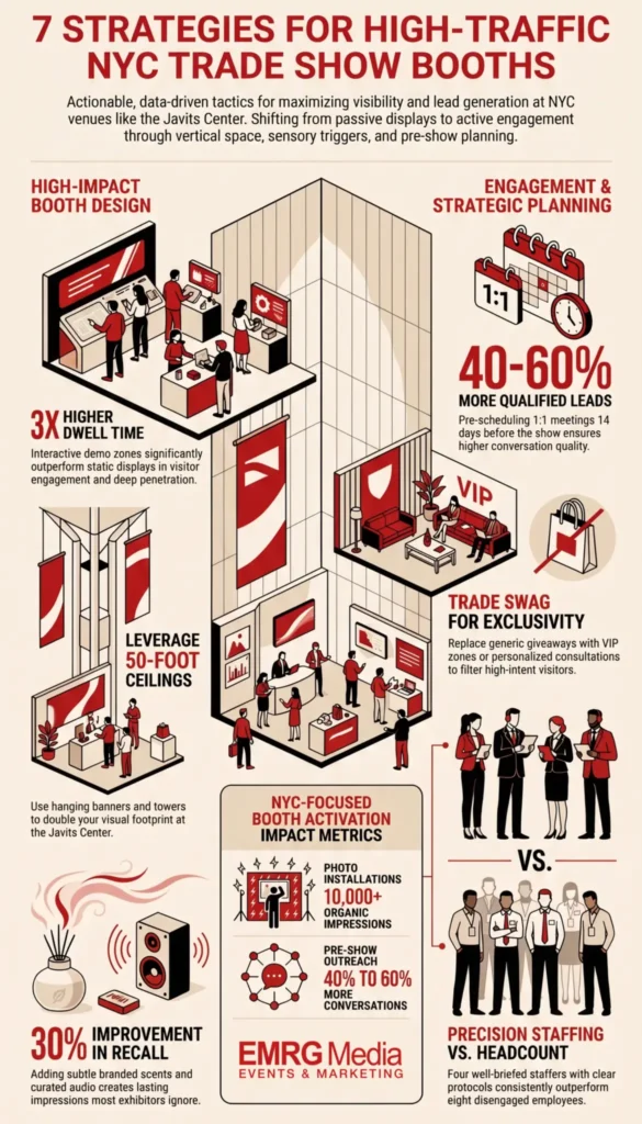 Infographic showing 7 trade show booth ideas for high-traffic NYC events