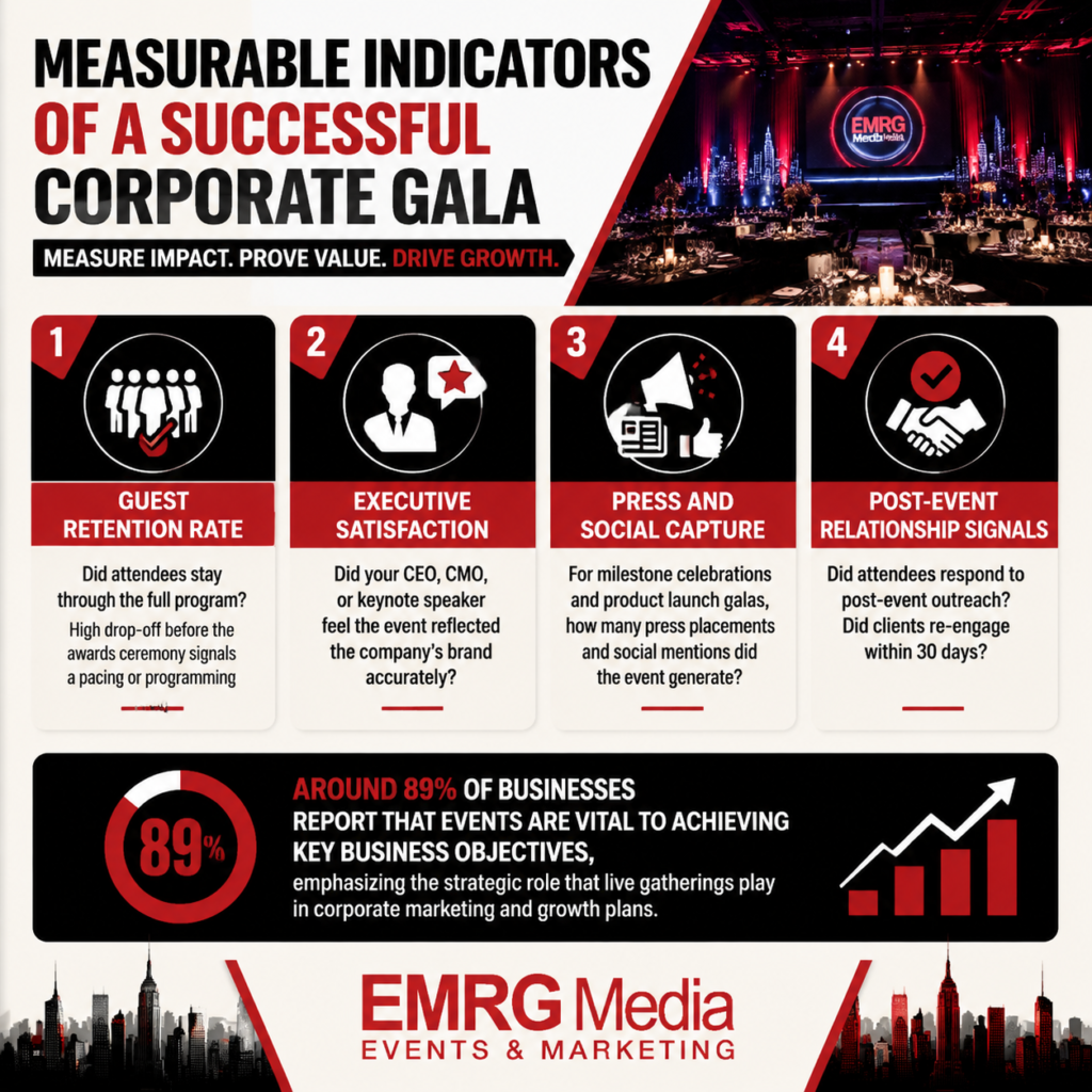 EMRG Media infographic listing 4 measurable indicators of a successful corporate gala and event ROI statistics.