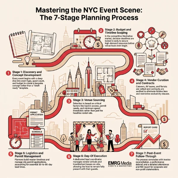 Infographic detailing the 7-stage event planning process in NYC by EMRG Media.