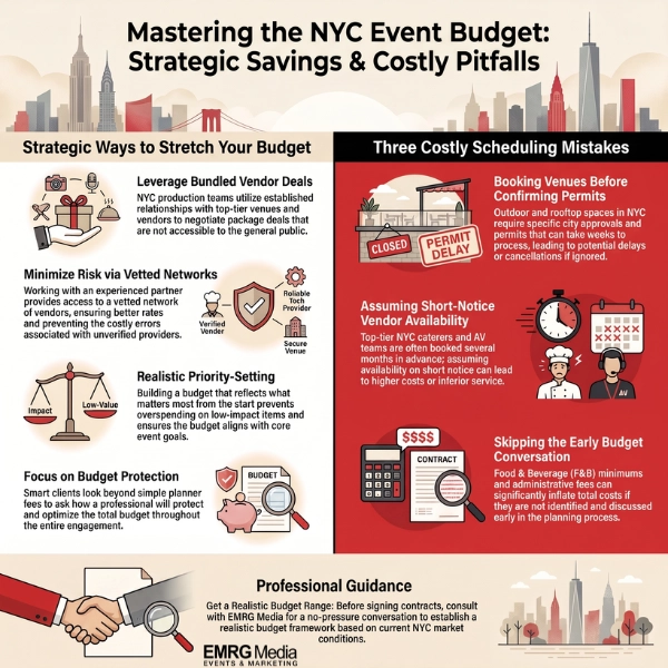 Infographic showing budget tips and scheduling errors for an optimal NYC event planning timeline.