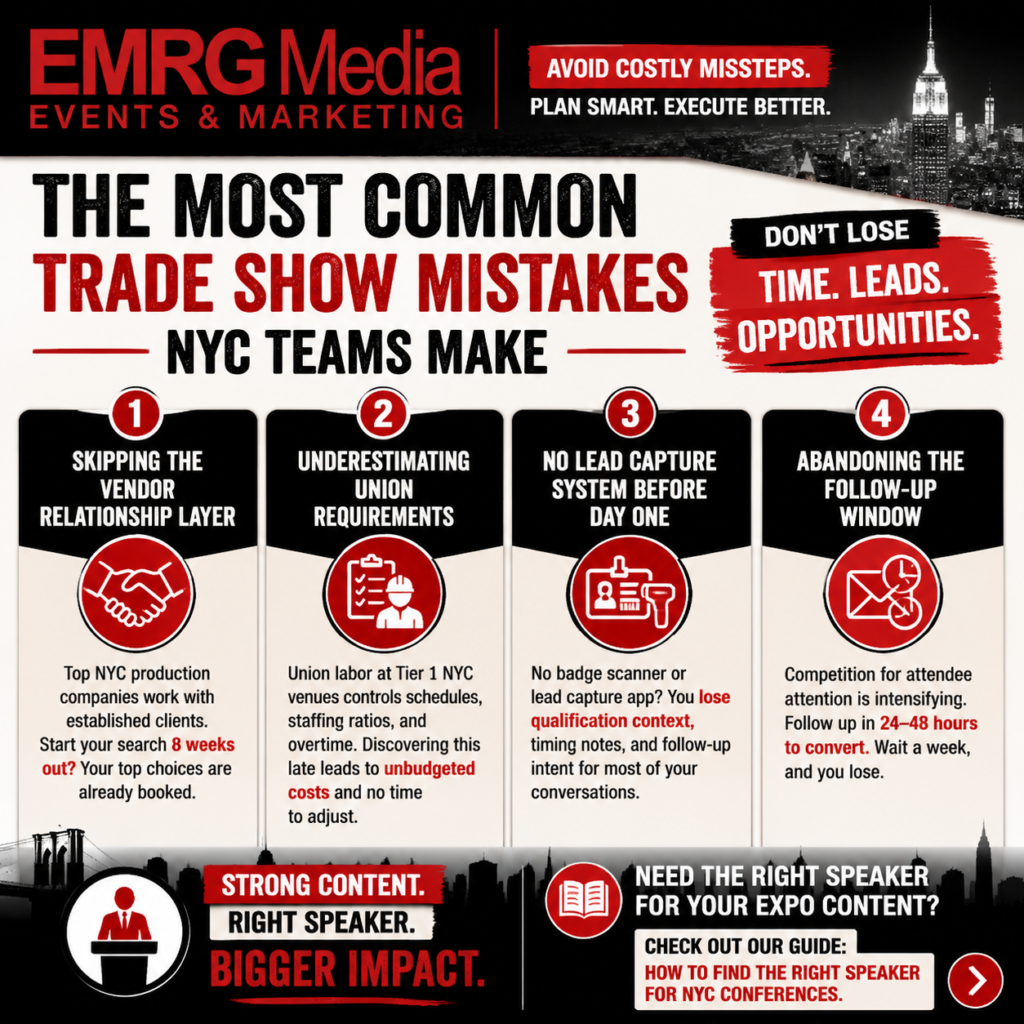 EMRG Media infographic detailing four common trade show planning mistakes that NYC corporate event teams make.