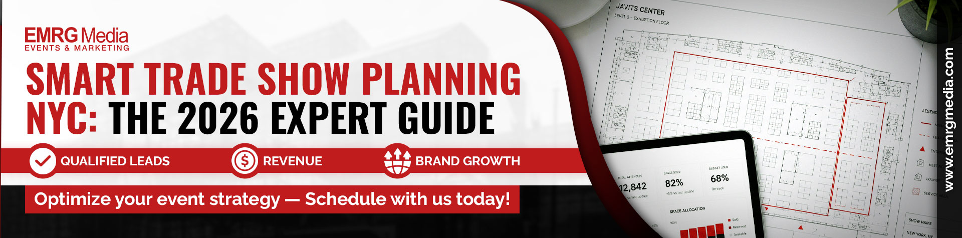 Trade show planning NYC banner for EMRG Media's 2026 expert guide, featuring Javits Center floor plans and metrics.