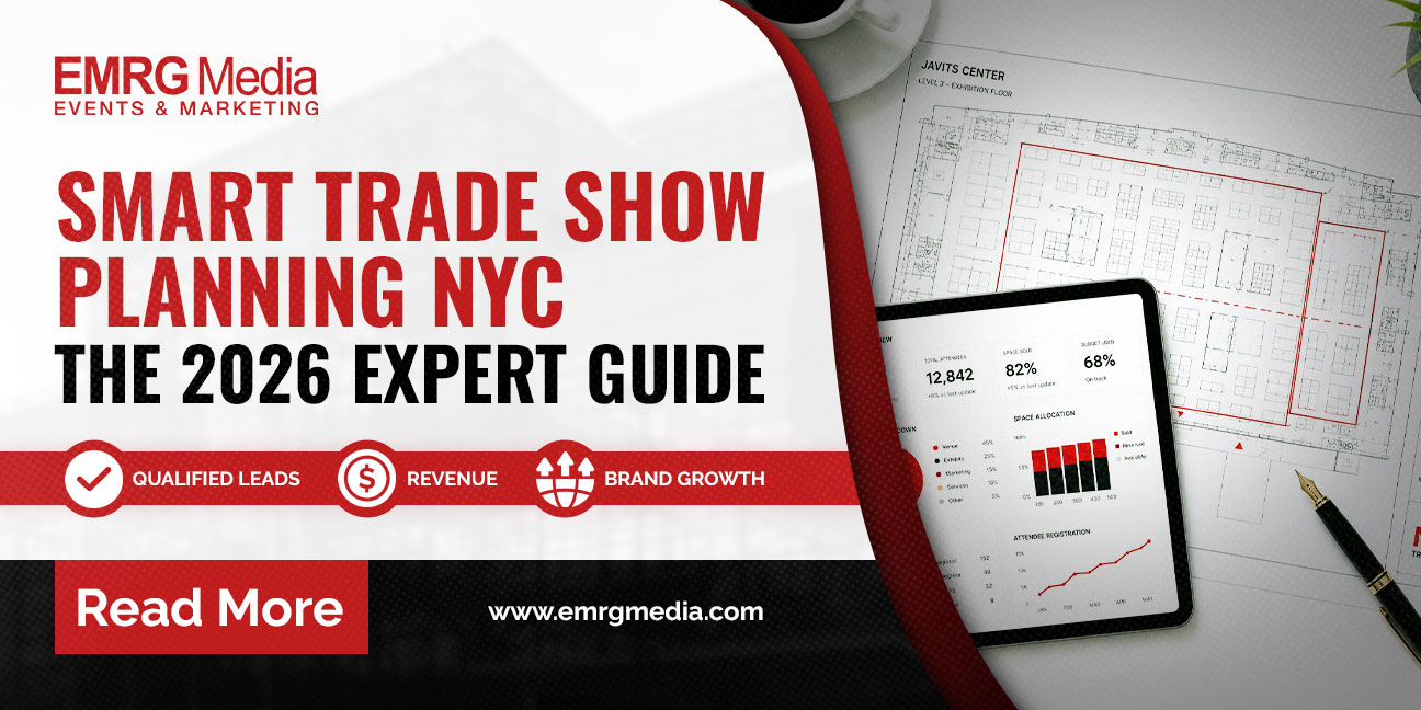 Trade show planning NYC 2026 expert guide by EMRG Media, featuring Javits Center floor plans and data analytics.