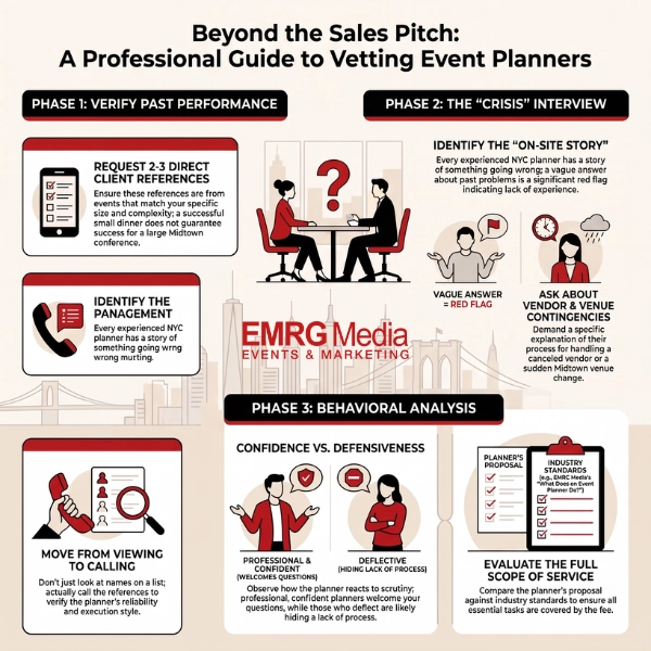 Guide showing vetting phases and key questions to ask an event planner in NYC.