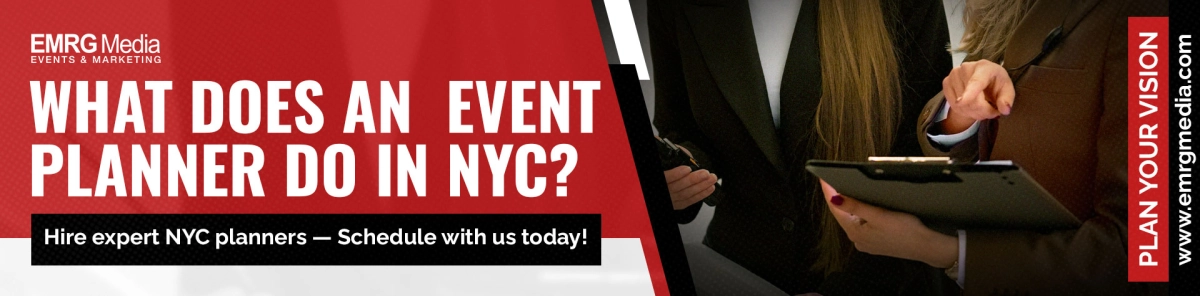 What does an event planner do in NYC? Banner for EMRG Media events and marketing showing planners with a clipboard.