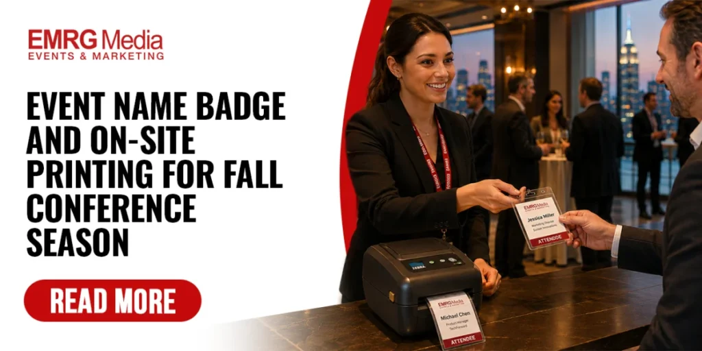 Staff printing an event name badge at an on-site conference registration desk.