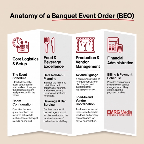 Infographic explaining what is a banquet event order, detailing logistics, menu, AV, and billing