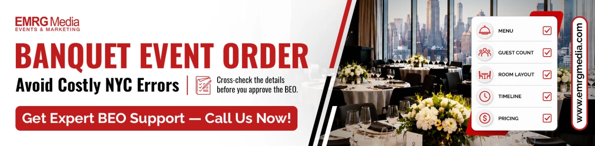 Banquet event order banner for EMRG Media features a checklist for menu, guest count, and pricing with a NYC skyline.