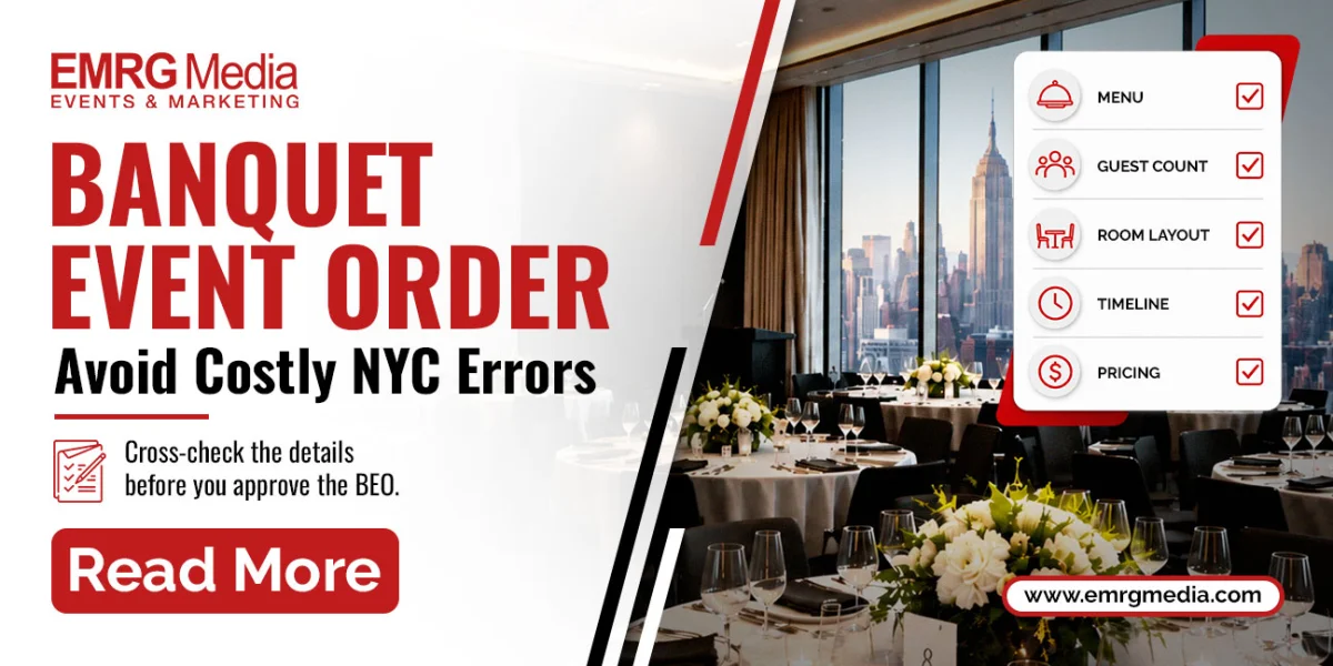 Banquet event order guide by EMRG Media for NYC events, featuring a checklist for menu, guest count, and room layout.
