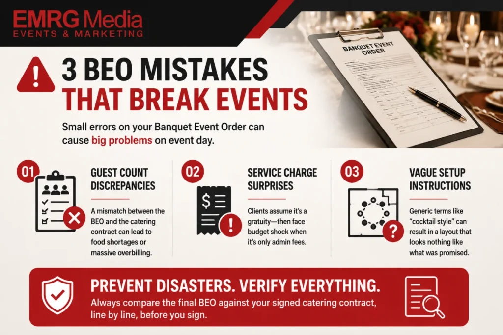 Infographic outlining 3 common banquet event order mistakes: guest counts, service charges, and vague setups.