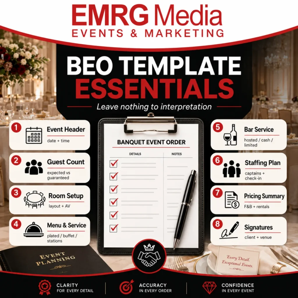 Infographic by EMRG Media highlighting the 8 essential components of a standard banquet event order template.