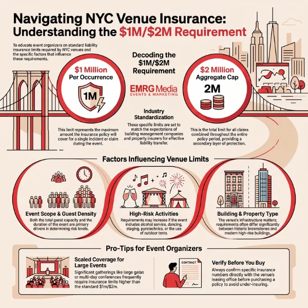 Infographic explaining event liability insurance limits, coverage requirements, and risk factors for NYC venues