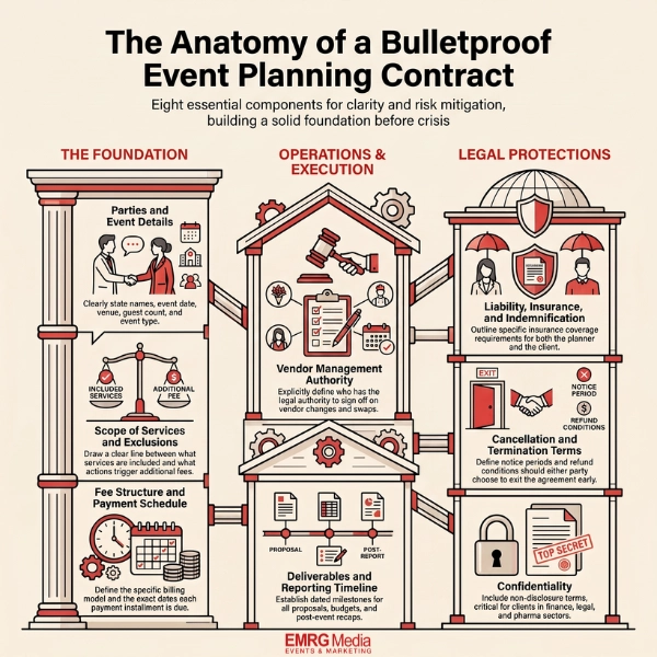 Infographic detailing the 8 essential components of a bulletproof event planner contract template for corporate events