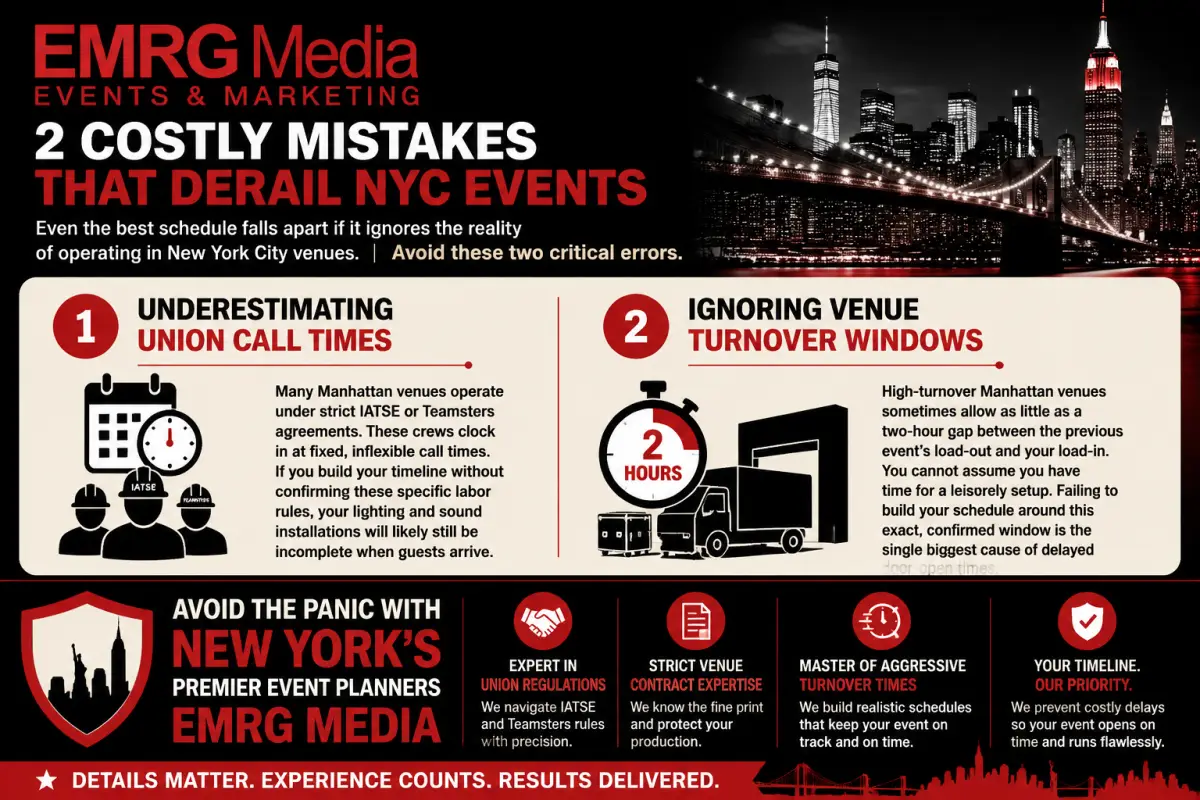Infographic on 2 NYC event run of show mistakes: underestimating union call times and ignoring venue turnover windows.