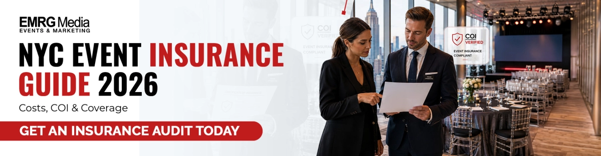 Event insurance guide banner for NYC 2026 by EMRG Media, featuring professionals reviewing documents in a venue.