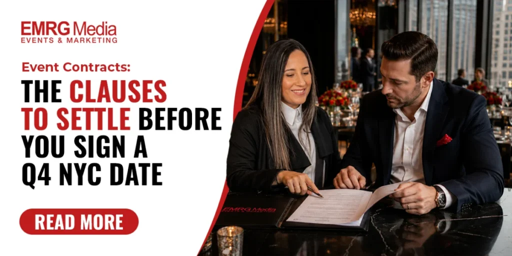 EMRG Media professionals reviewing an event contract to settle clauses before signing a Q4 NYC date