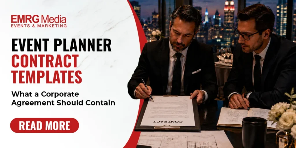 Two corporate executives reviewing an event planner contract template in a NYC boardroom setting