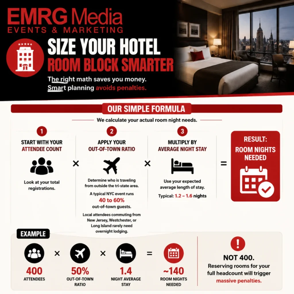 EMRG Media infographic showing the hotel room block formula: attendee count x out-of-town ratio x average night stay.