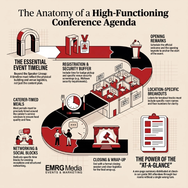 Infographic showing a high-functioning conference agenda template timeline with breakout sessions and meals