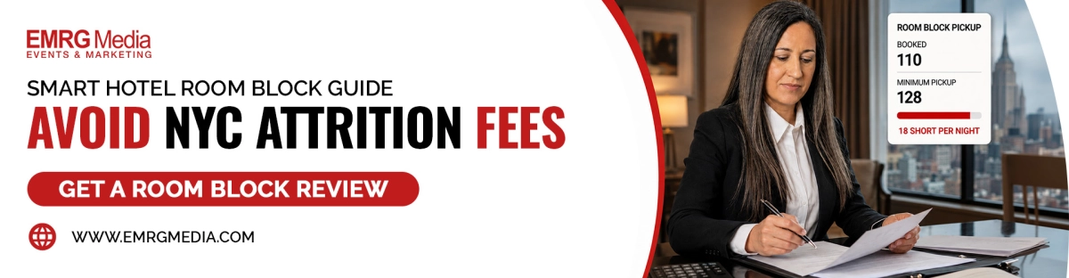 Hotel room block guide for NYC attrition fees featuring a professional woman reviewing booking documents.
