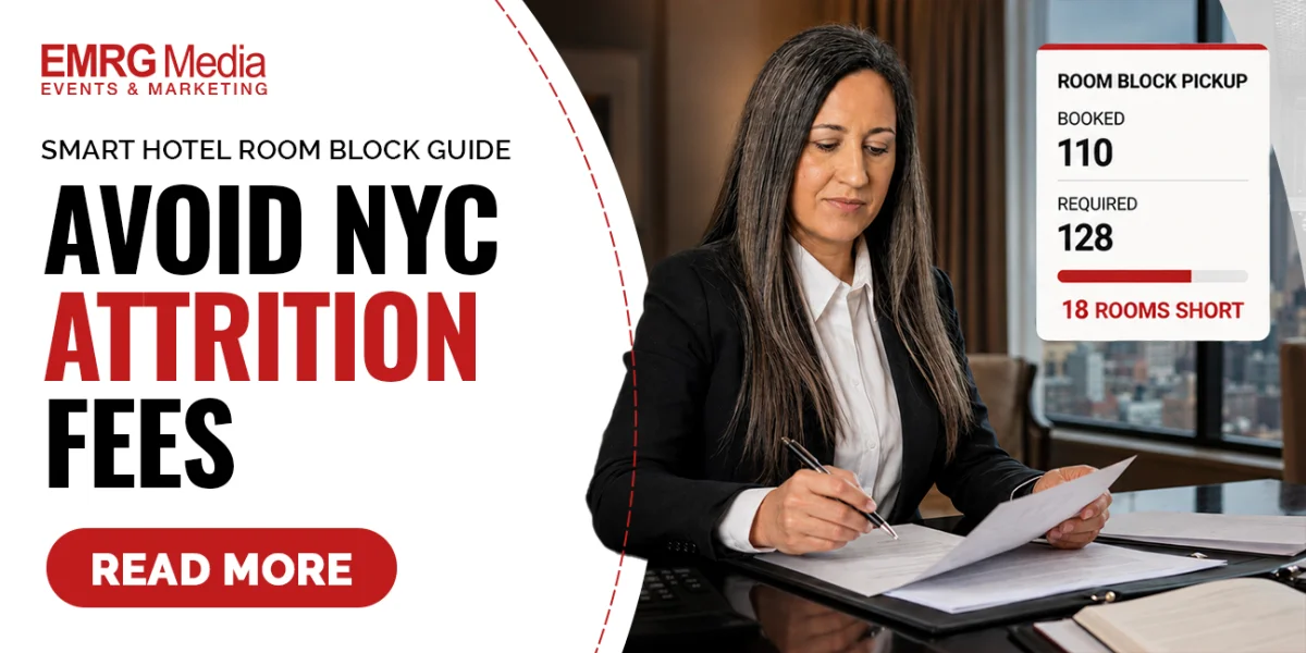 Hotel room block guide from EMRG Media features a woman reviewing documents to help planners avoid NYC attrition fees.