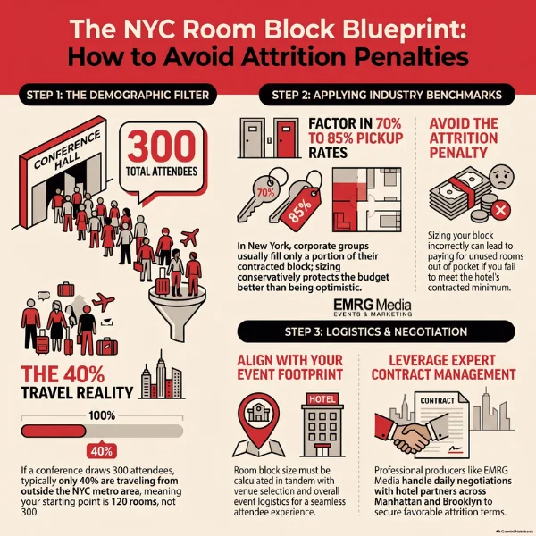 Infographic explaining what is a hotel room block, pickup rates, and avoiding NYC attrition fees