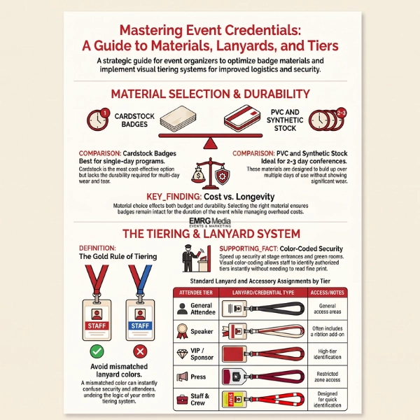 Guide to event name badge materials, lanyard colors, and credential tiers.
