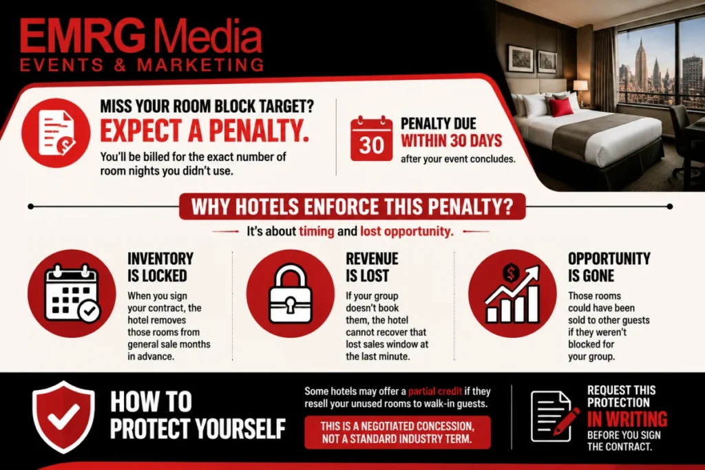 EMRG Media infographic explaining hotel room block penalties and how to negotiate protection.