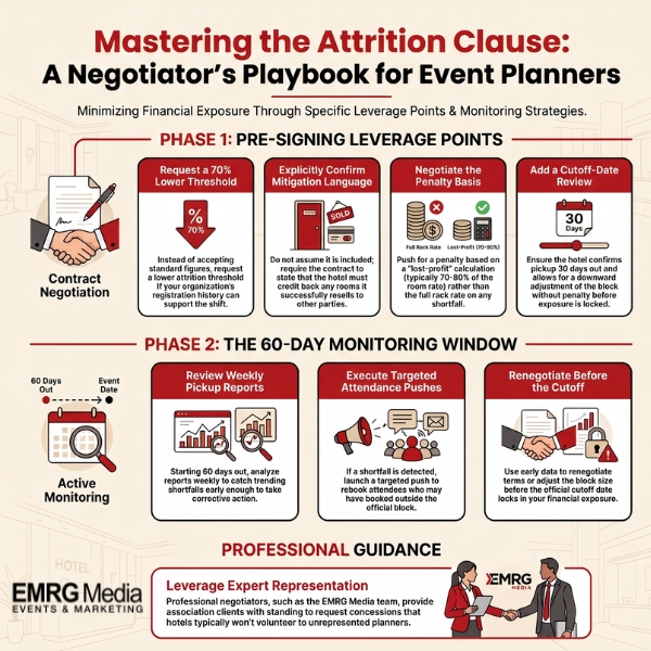 Infographic on how to negotiate hotel attrition clause terms and room block contracts