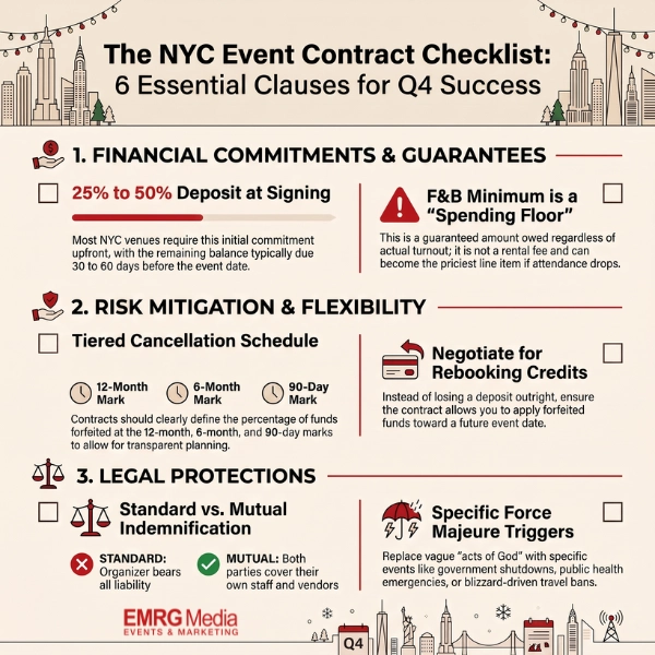 Infographic checklist detailing six essential financial and legal clauses for an NYC event contract