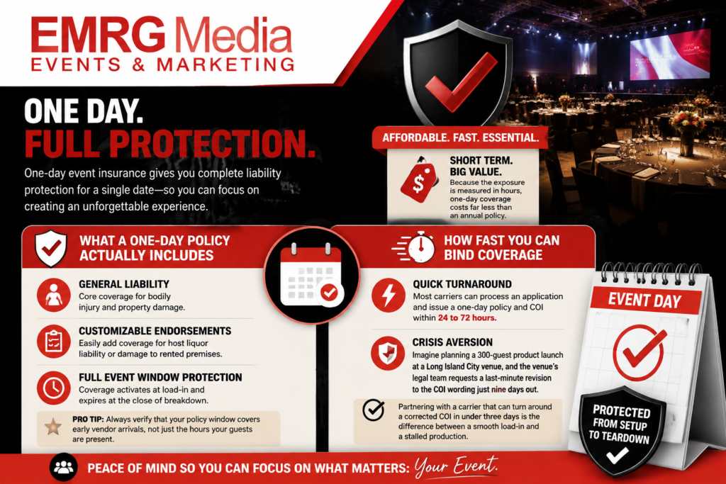 EMRG Media infographic for one-day event insurance outlining liability coverage, fast turnaround times, and core values.