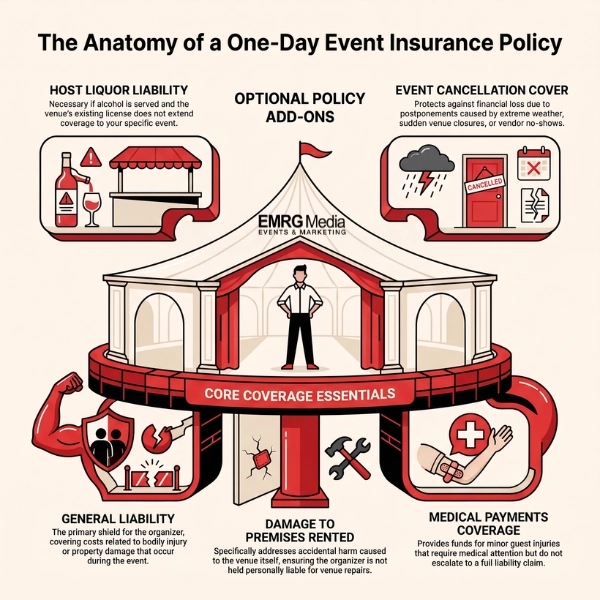 Infographic explaining general liability and liquor coverage essential details for one day event insurance