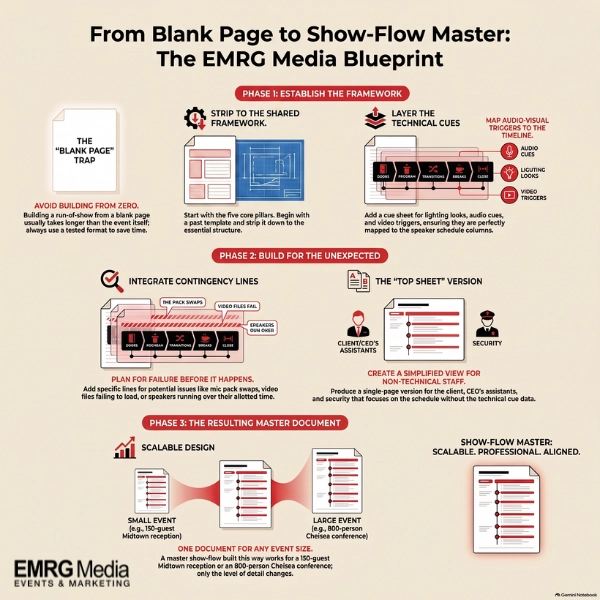 Blueprint infographic on creating an event run of show template and AV cue framework.