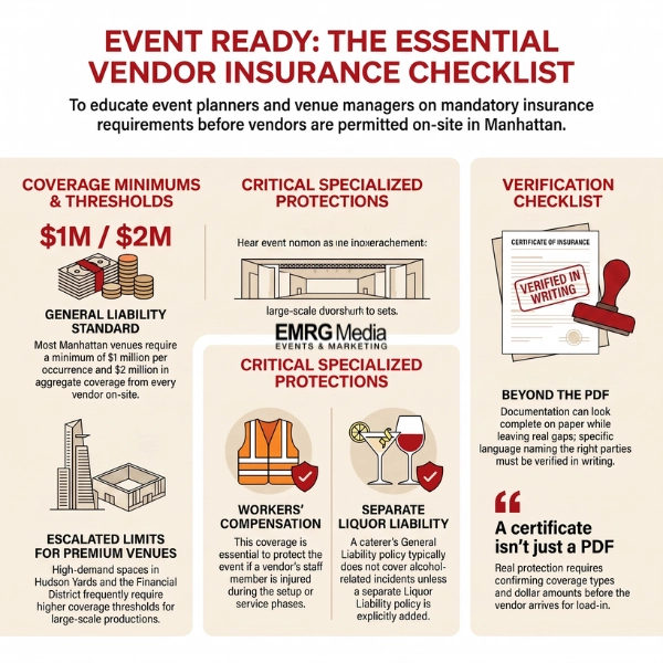 Infographic checklist detailing event vendor insurance requirements like general liability for NYC venues
