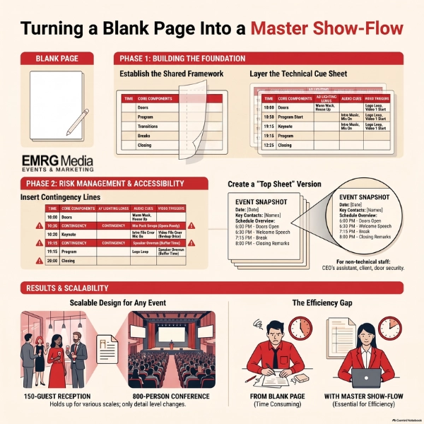Event master show-flow chart for AV production and corporate LED video wall rental setup