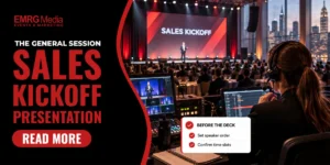 Sales kickoff presentation general session setup with AV control monitors and stage in a Manhattan ballroom.