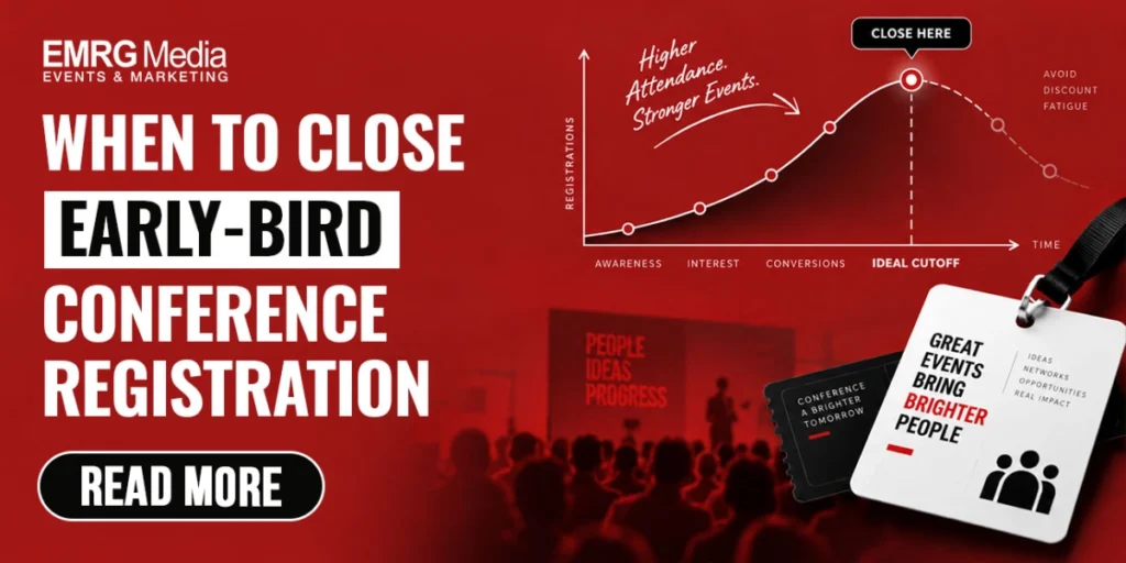 EMRG Media graphic on when to close early bird registration, featuring a line graph of peak attendance conversions