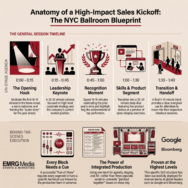 Timeline blueprint for an NYC sales kickoff presentation general session covering keynotes and run-of-show cues.