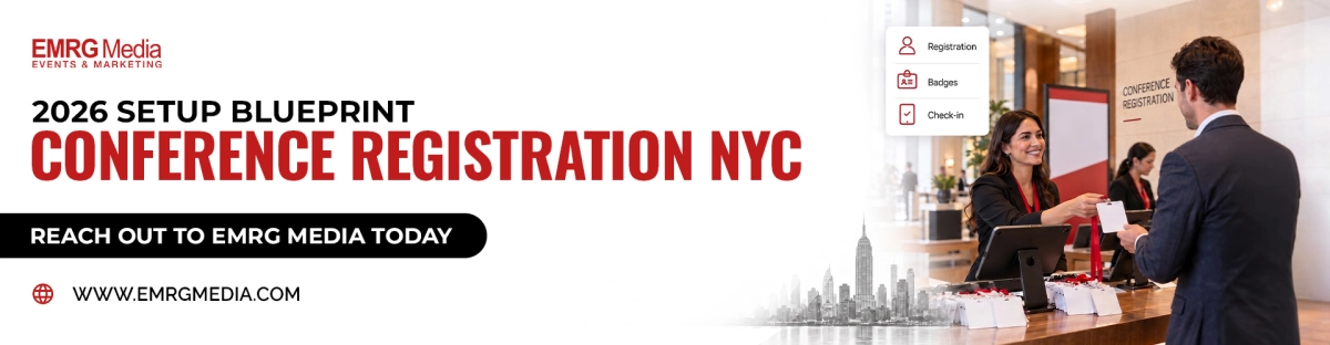 Conference registration banner by EMRG Media for 2026 NYC Setup Blueprint, featuring an event check-in scene.