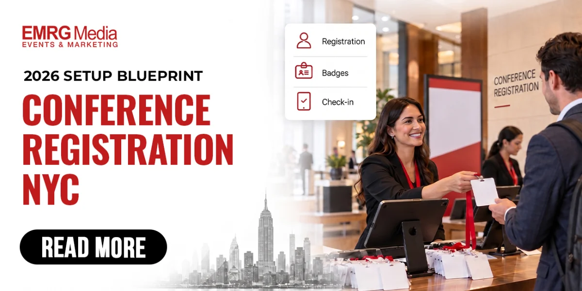 Conference registration in NYC for 2026 by EMRG Media, showing a woman handing an event badge to a male attendee.
