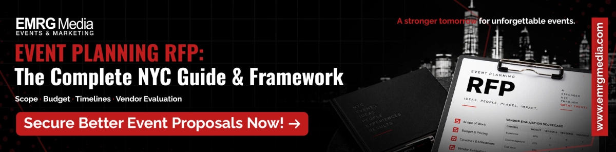 Event planning rfp : NYC guide and framework banner by EMRG Media featuring a checklist and cityscape.