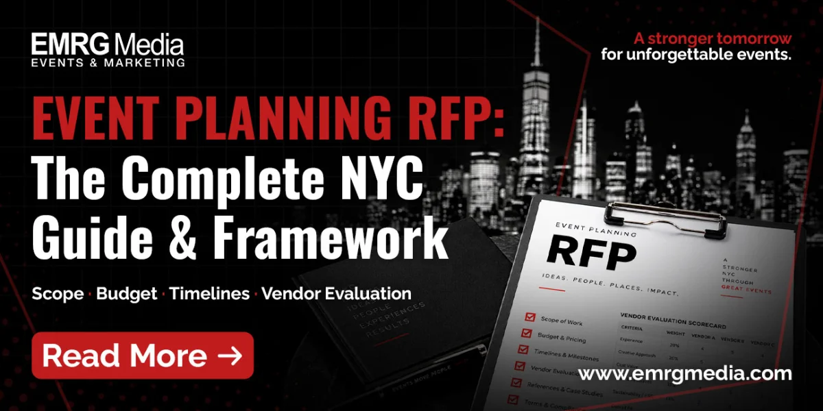 Event planning RFP guide by EMRG Media featuring an NYC skyline, a clipboard, and a framework for unforgettable events.