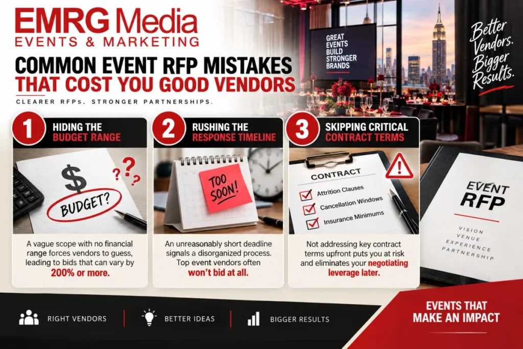 EMRG Media infographic on 3 event RFP mistakes: hiding the budget range, rushing timelines, and skipping contract terms.