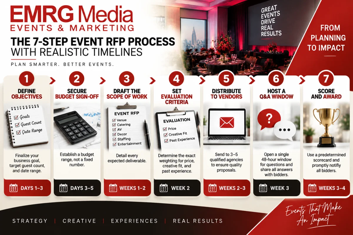 EMRG Media infographic outlining the 7-step event RFP process with realistic timelines, from objectives to vendor award.