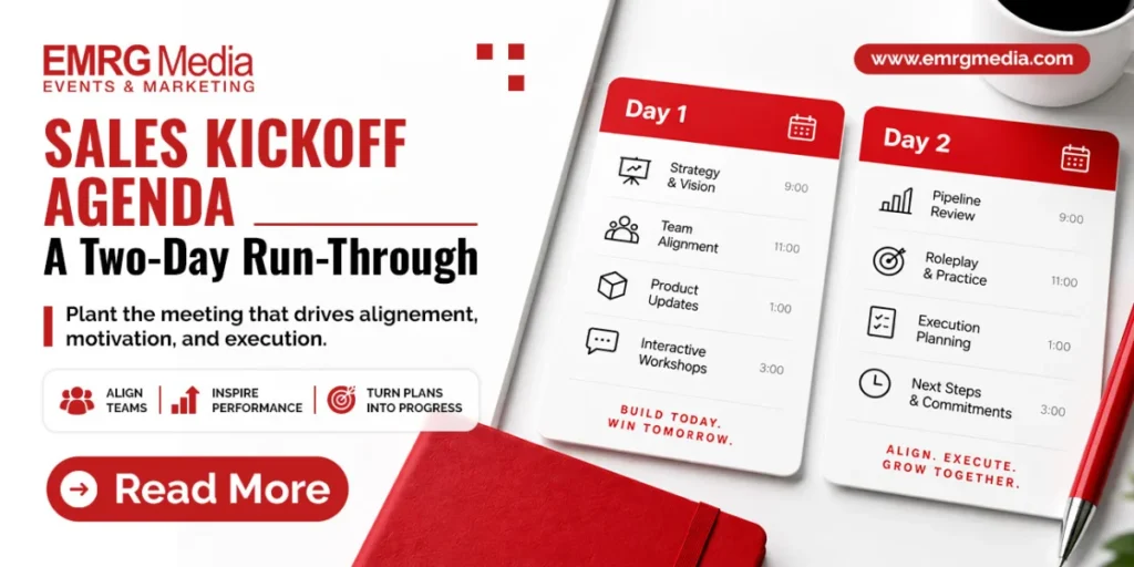 Red and white graphic detailing a two-day sales kickoff agenda with schedule breakdowns for teams